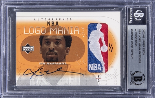 2002-03 Upper Deck "NBA Logo Mania Patches" #KB3-NBA Kobe Bryant Signed Logoman Game Used Patch Card (#1/1) – An Inaugural Kobe Bryant Logoman Card Appearance! – BGS AUTHENTIC